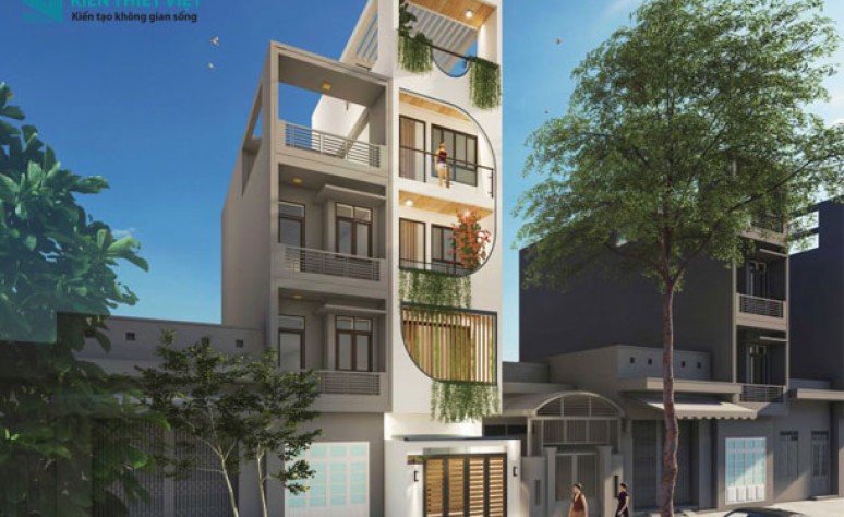 Mẫu thiết kế mặt tiền nhà phố 5 tầng độc đáo hiện đại