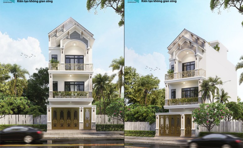Thiết kế nhà phố Tân cổ điển 1 trệt 2 lầu sân thượng