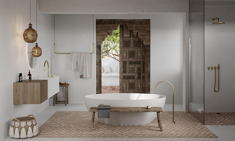 Thiết kế toilet đẹp, thông thoáng với cửa lớn kết nối ra sân vườn