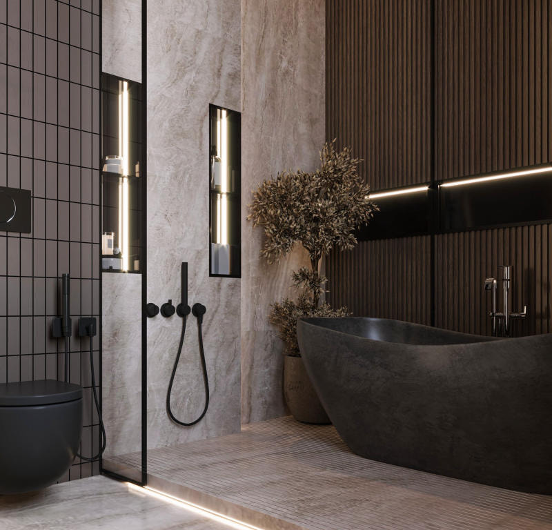 Mẫu toilet đẹp cho biệt thự với sàn và tường ốp đá nguyên khối