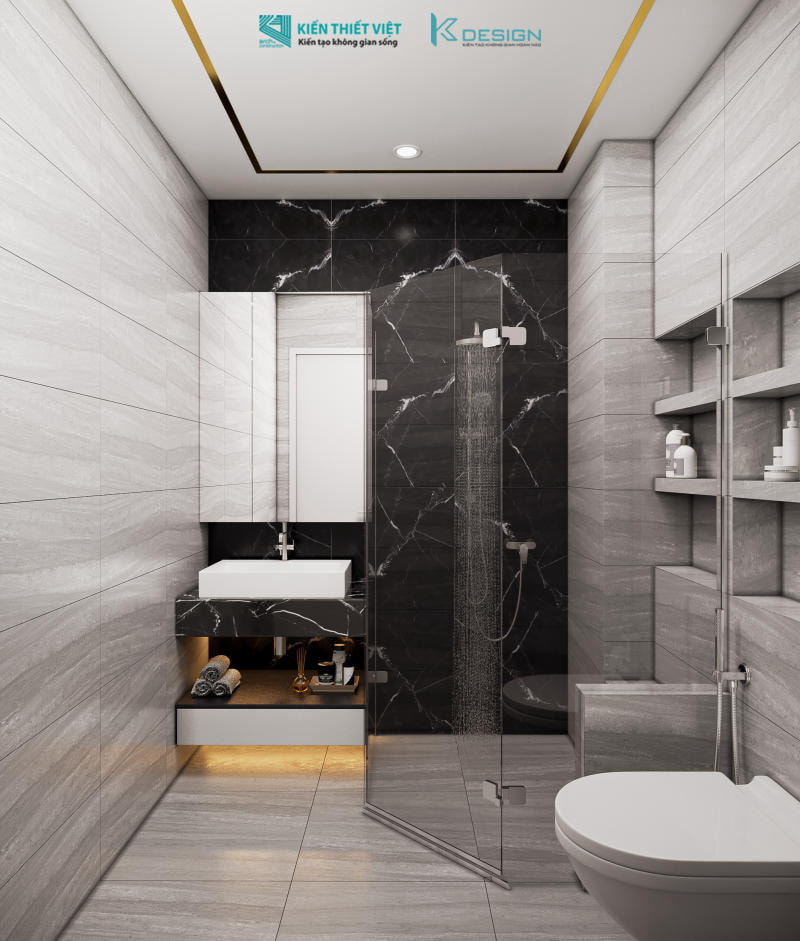 Toilet đẹp thiết kế tường làm hộc lưu trữ đồ dùng