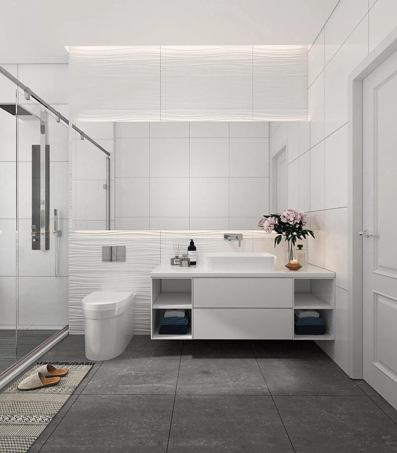 Nhà vệ sinh đẹp, rộng rãi được bố trí hệ tủ kèm tấm gương lớn
