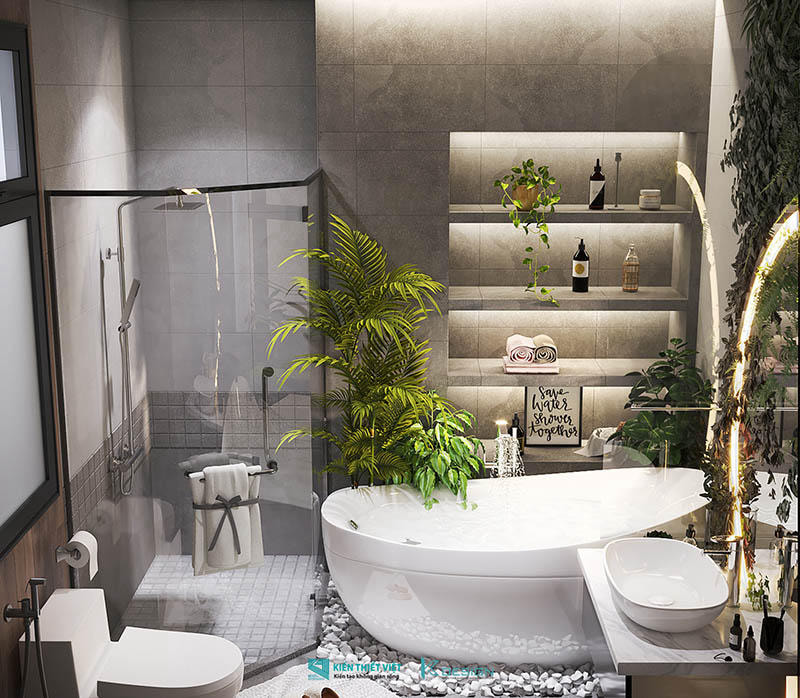 Thiết kế nhà vệ sinh đẹp với cây xanh làm điểm nhấn